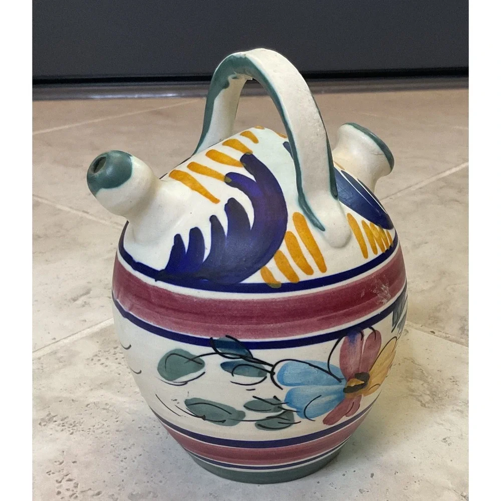 Vintage Talvera Botijo Ceramic Water 2 spout Jug Hand Painted Floral Pitcher